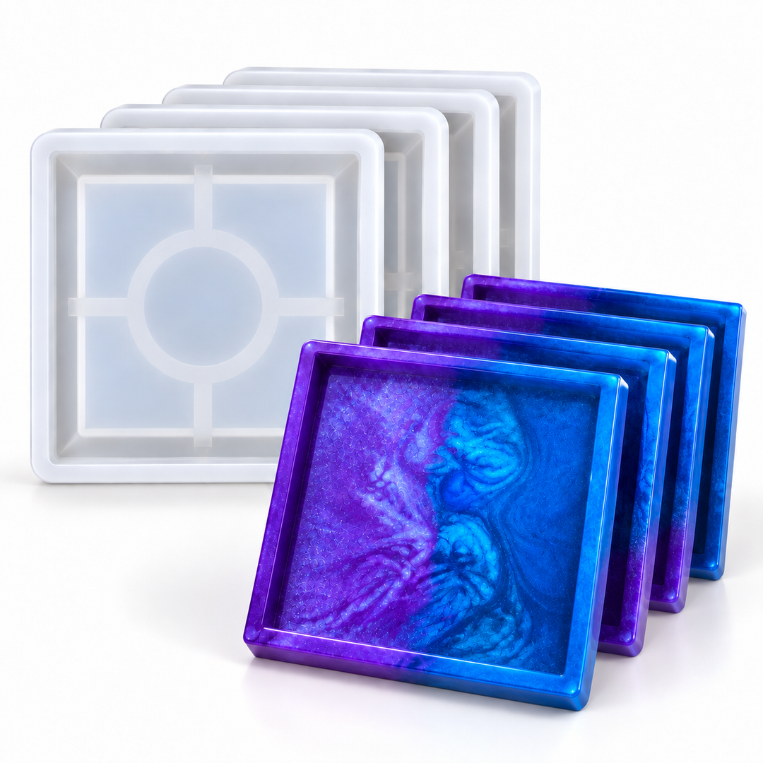 Silicone Mold for Epoxy Resin Casting - 4" Square Coaster Mold Set (4-Pack)